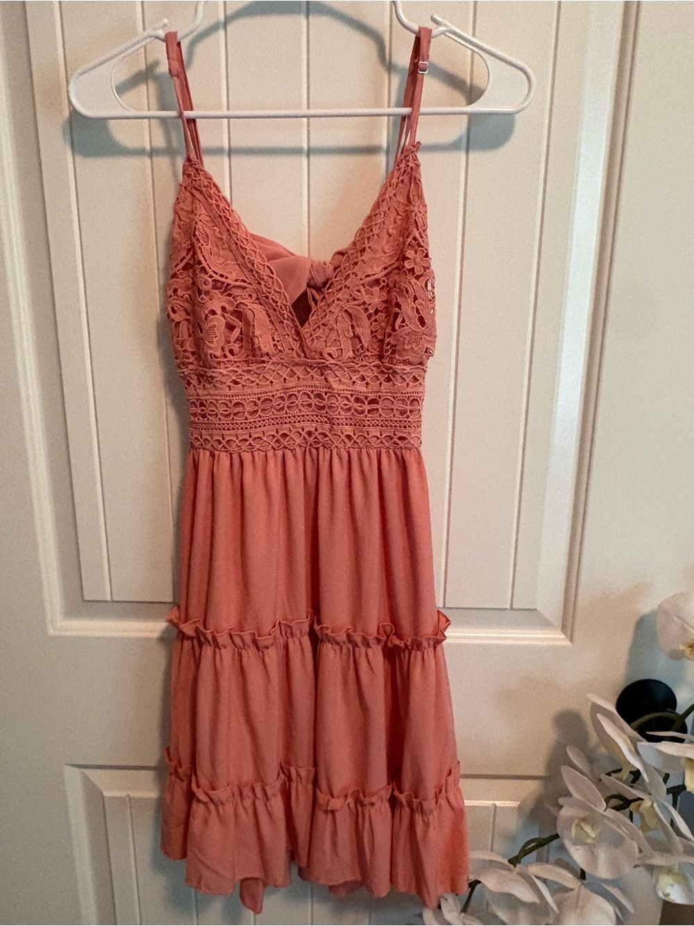 Boutique Crochet Lace Bodice Tiered Ruffle Mini Dress Coral S